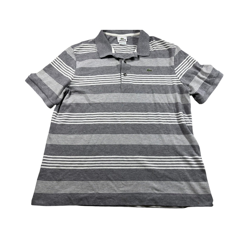 Lacoste Gray White Striped Polo Shirt Men's Size 6 Short Sleeve